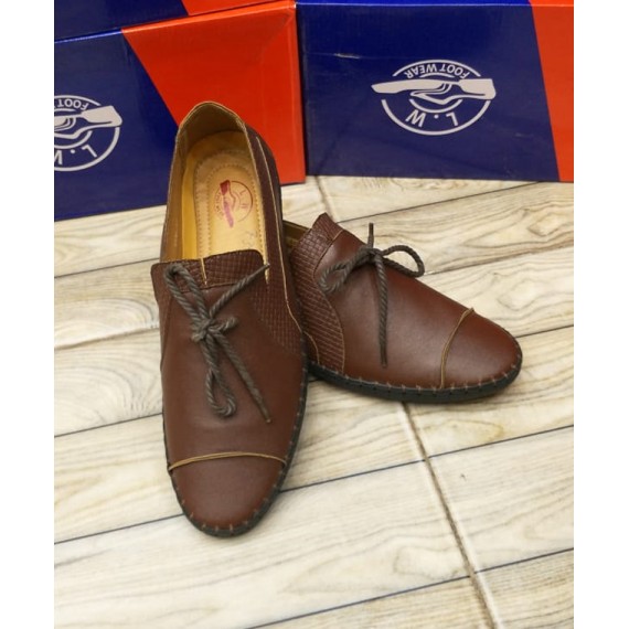 Brown Stitched Pattern Lace Style Loafers