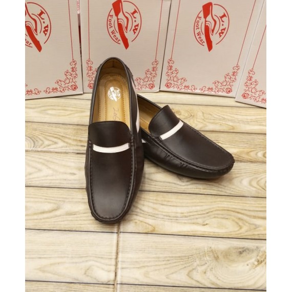 Brown White Stitched Design Slip-on Loafers