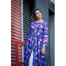 Flowers Printed Front Cut Long Frock