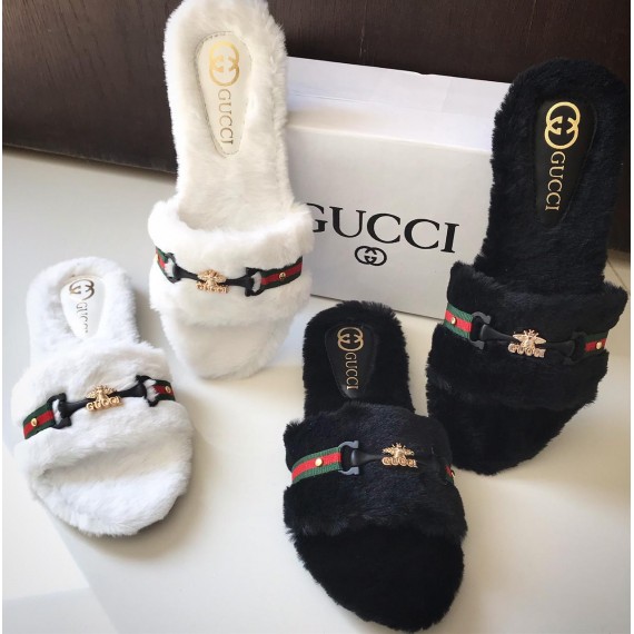 Gucci Stylish Band Fur Slippers SCM-130