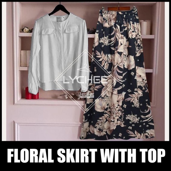 Casual Floral Skirt With Plain Top LK-9157